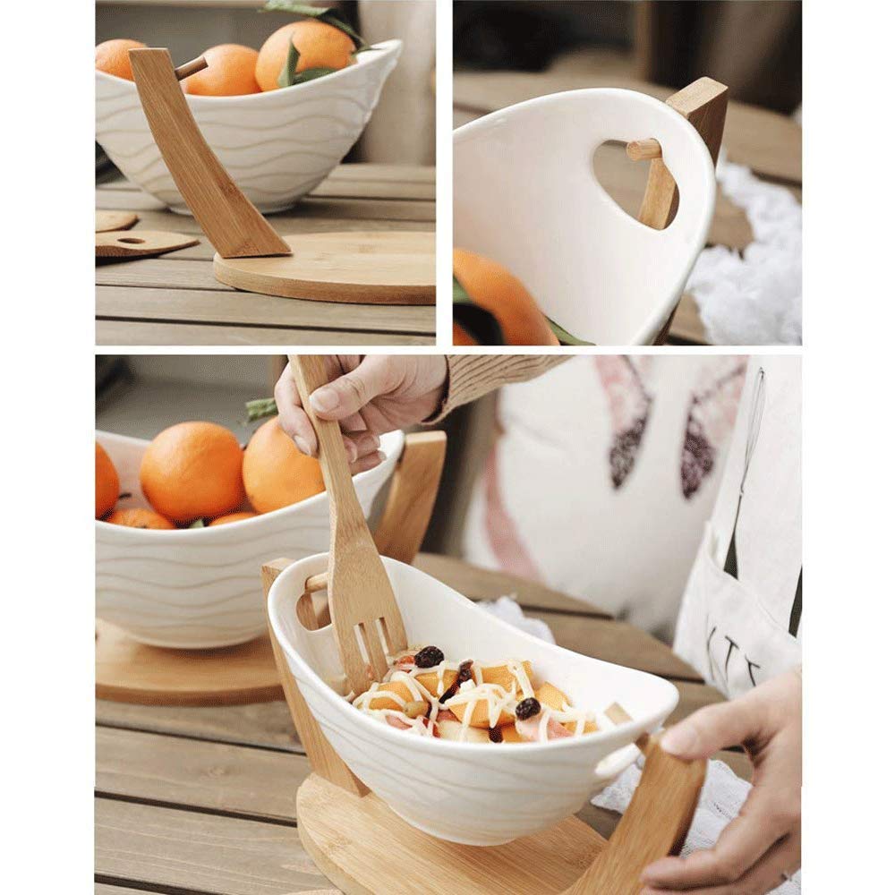 Créatif Bol De Fruits avec Support en Bambou, Berceau Saladier Bol à Collation Aux Fruits Vaisselle en Céramique Blanc,White-32cm(12.8inch)