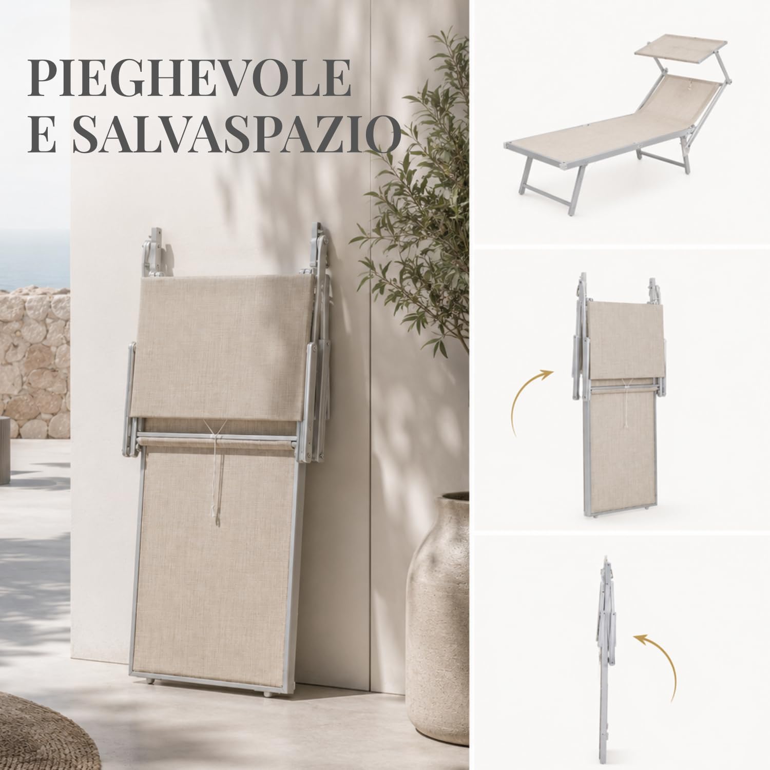 PALUPLUS 2 Lettini Prendisole Professionali in Alluminio, Misura 186x61x40 cm, Tessuto Textilene, con Tetto Parasole e Schienale Regolabile, per Spiaggia, Lido, Piscina, Portata 150Kg -8458F (Crema)