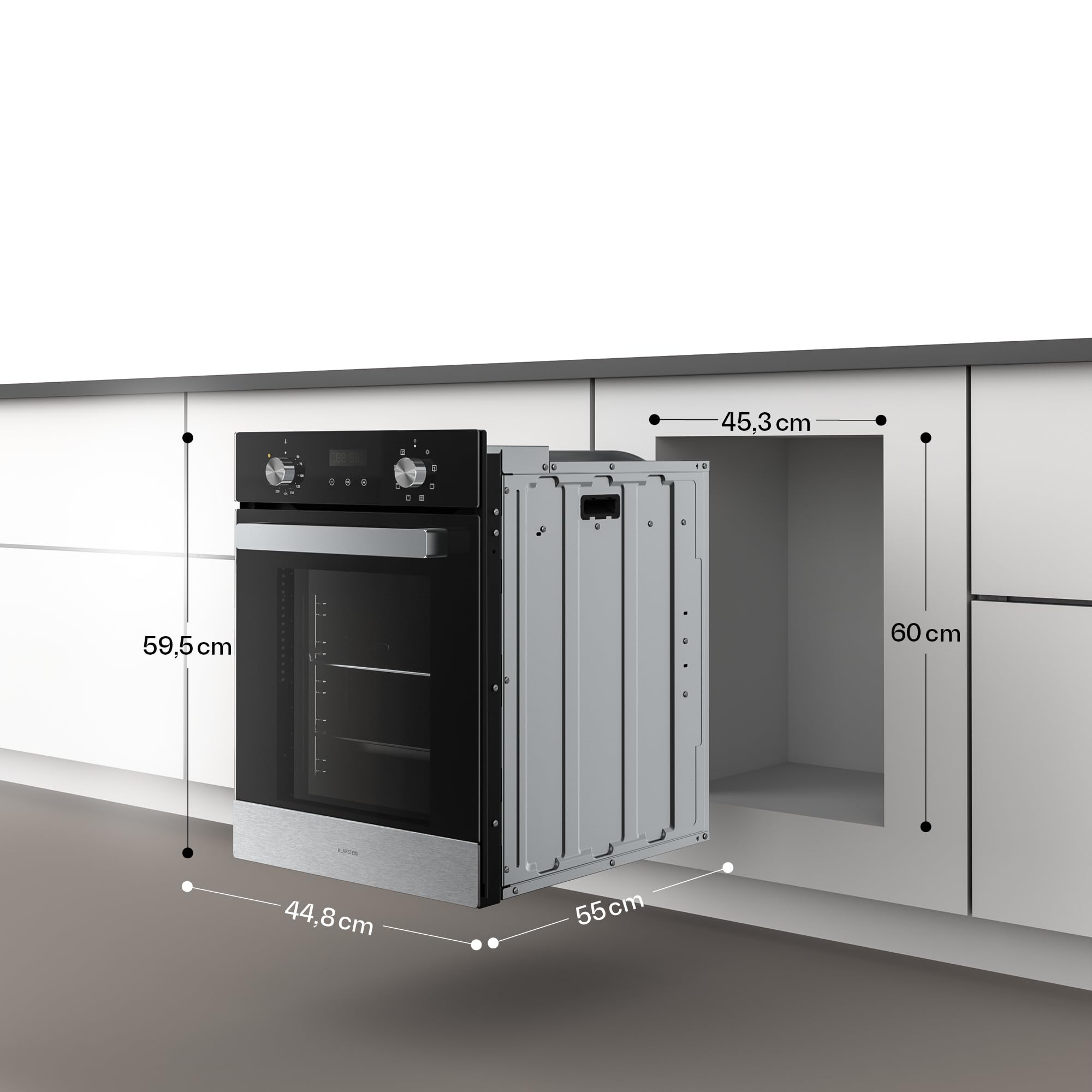 Klarstein Verosteel Forno da Incasso 45 cm - 49L, 8 Funzioni, Classe A, Timer, Doppio Vetro, Facile da Pulire, Acciaio Inox & Vetro Nero, Forno Elettrico Ventilato da Incasso