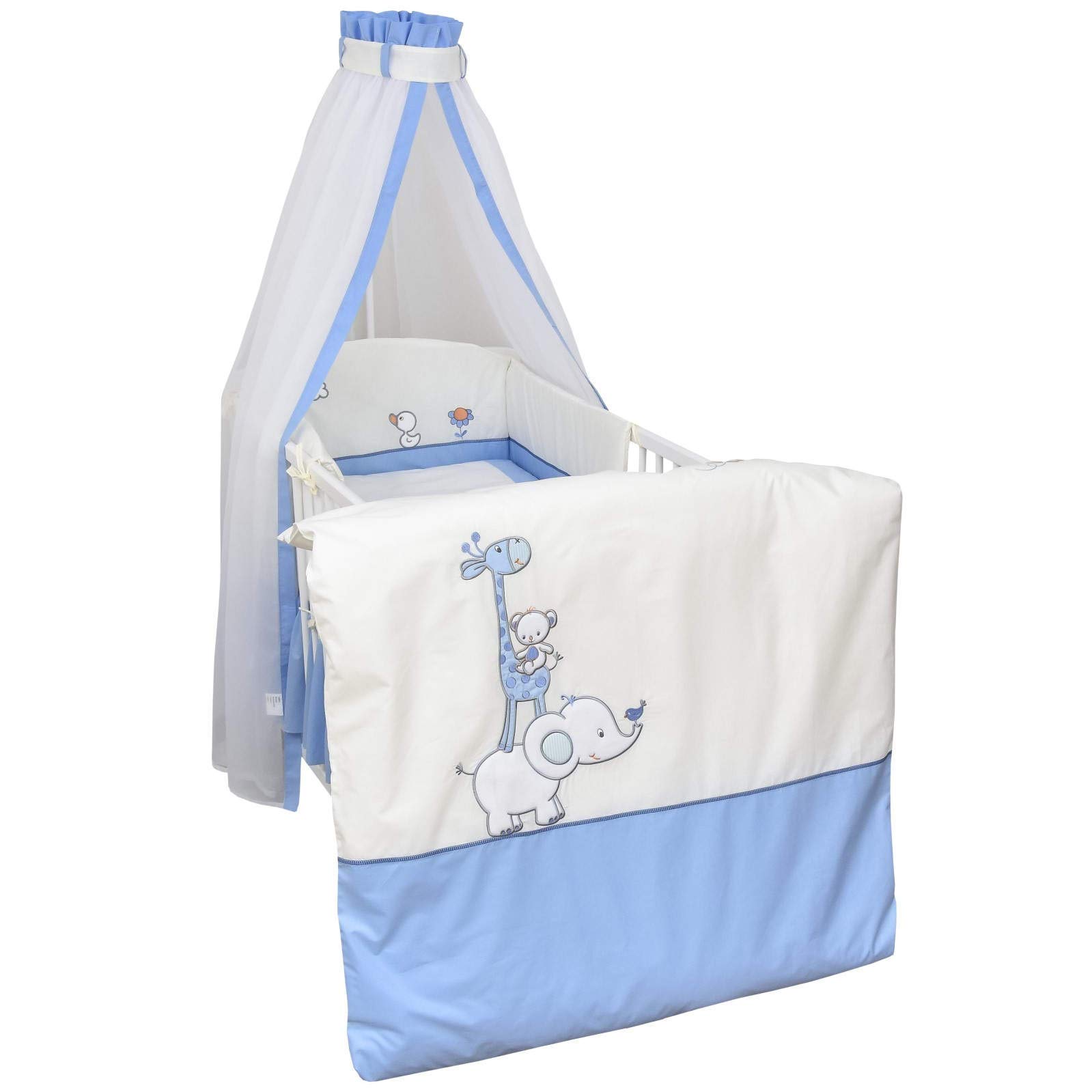 Babybett Komplett Set Max Prince 60x120 weiß Kinderbett umbaubar zum Juniorbett inkl. Bettwäsche Set Komplett (Zirkus blau)