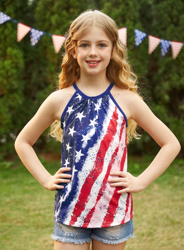 Image of BesserBay Girls Summer Back Button Halter Neck Tank Top Cold Shoulder Casual Blouse Pleated Sleeveless Shirts 5-14 Years