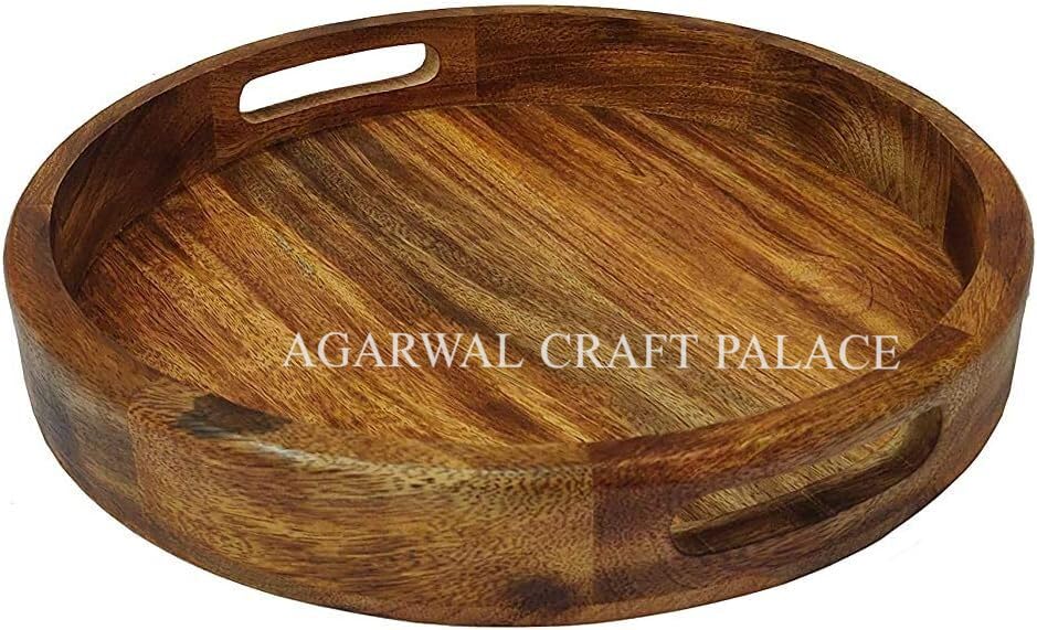 Agarwal Craft Palace Wooden Round Tray, Mango Wood Tray, Serving Tray, Table Decorative, Wooden Platter for Serving Beverages & Food on Bar, Living Room, Home Dining Table with Cutout Handle (10X10) 2