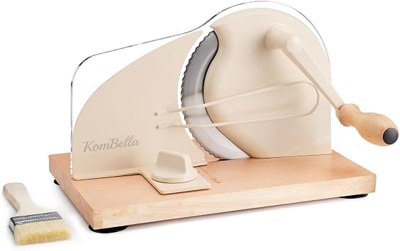 Sourdough Bread Slicer for Homemade Bread, Manual Hand Crank Bread Cutter with Adjustable Thickness for Even Slices, Slicing Guide & Protective Blade Shield, Wood Base with Suction CupsBeige
