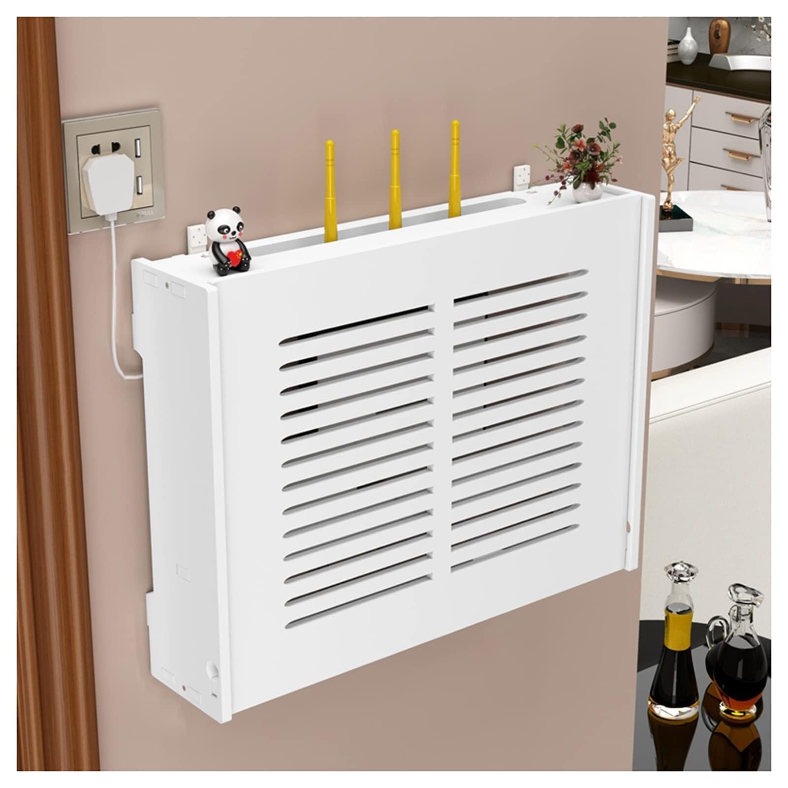 WiFi Router Storage Box & Cable Management Organiser, Drill-Free Wall Mount Holder to Hide Messy Wires, Plugs & Extension Leads, Decorative Set-Top Modem Shelf Concealer for a Tidy Home(42x31x10cm)