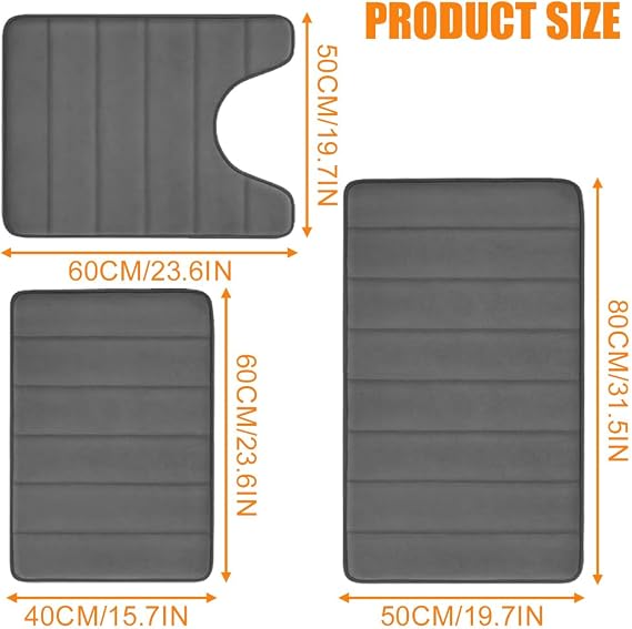 3 Piece Bath Mat Set,Bath and Toilet Mat Set,Machine Washable Super Absorbent Bath Floor Rug,Non Slip Bath Mats for Bathroom,Bedroom,Living Room,40x60+U50x60+50x80cm (Black)