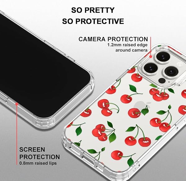 MOSNOVO Case for iPhone 15 Pro, [Buffertech 6.6ft Military-Grade Drop Protection] [Anti Peel Off Tech] Clear TPU Bumper Phone Case Cover Design - Cute Cherry - 4