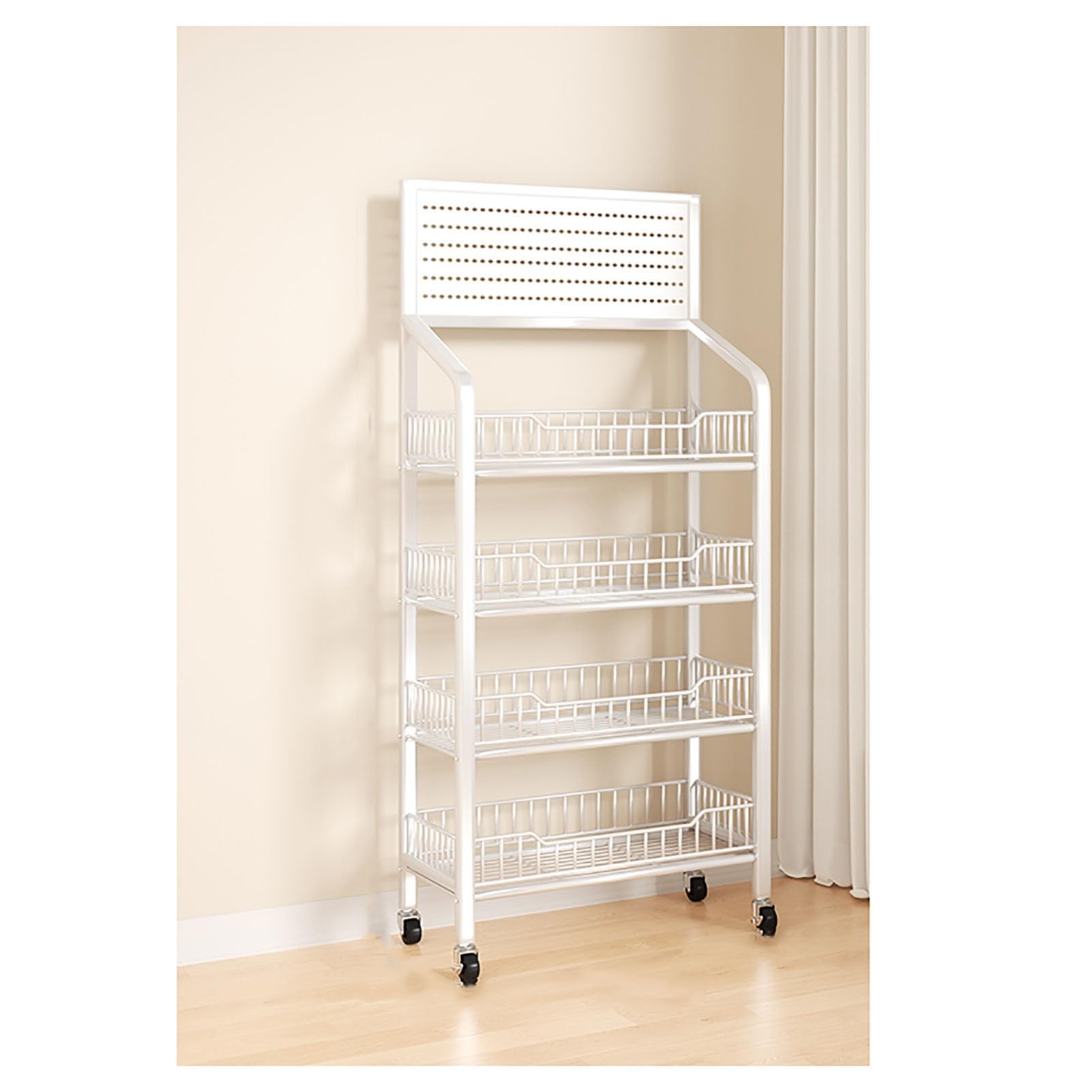 Stojak na słodycze, stojak na przekąski, organizer na chipsy druciane do sprzedaży detalicznej (kolor: biały – 4 piętra – 50 x 27 x 140 cm)
