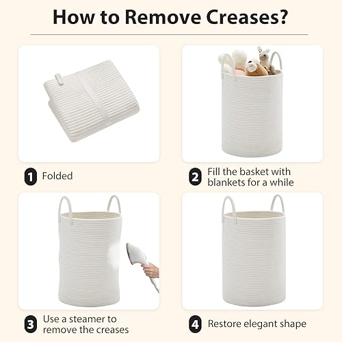 Miniatura 6 de Cesta de lavandería de cuerda tejida blanca, cesta de lavandería de 58 litros de altura para almacenamiento de mantas, canasta grande para cuarto de