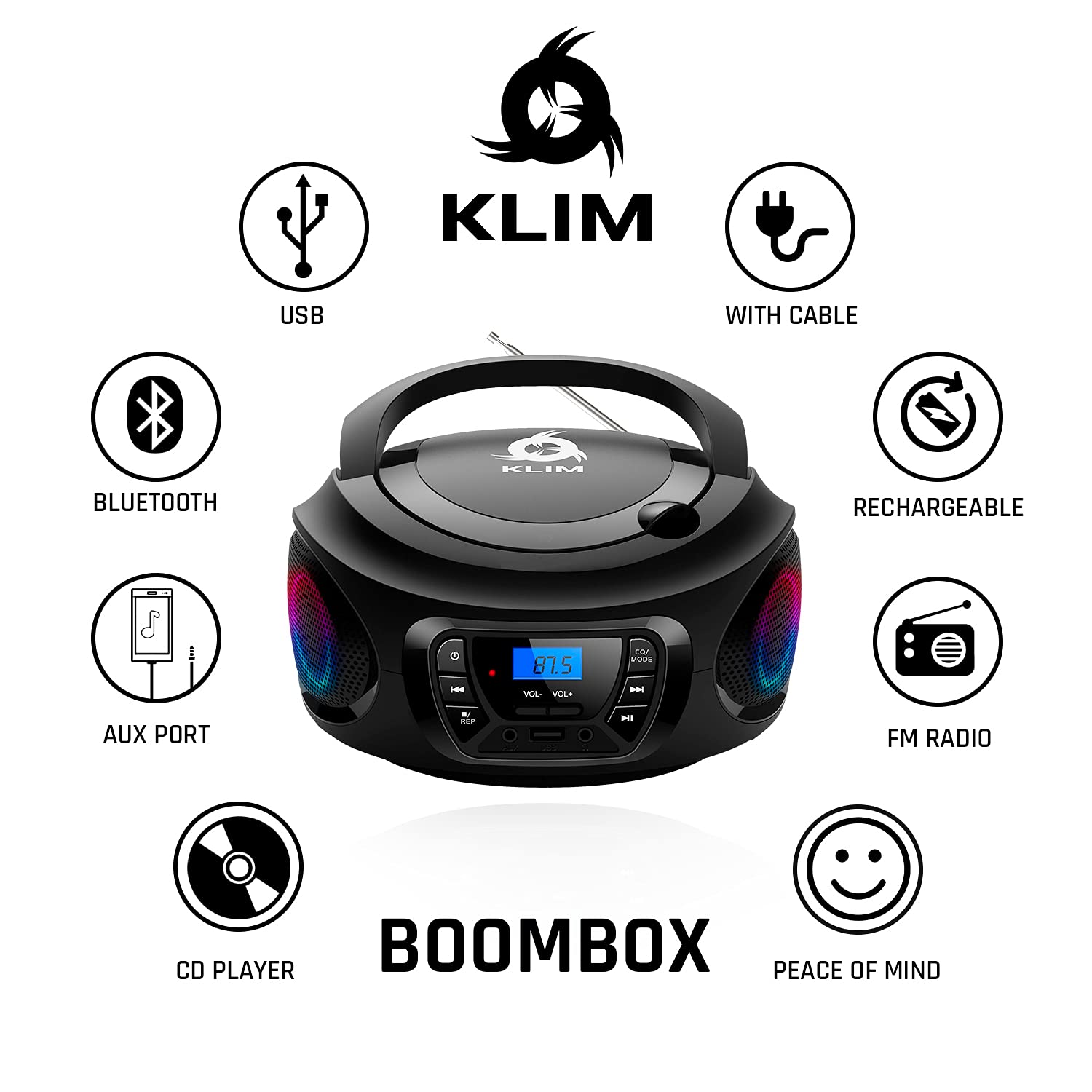KLIM Boombox Portable Audio System. FM Radio, CD Player, Bluetooth, MP3