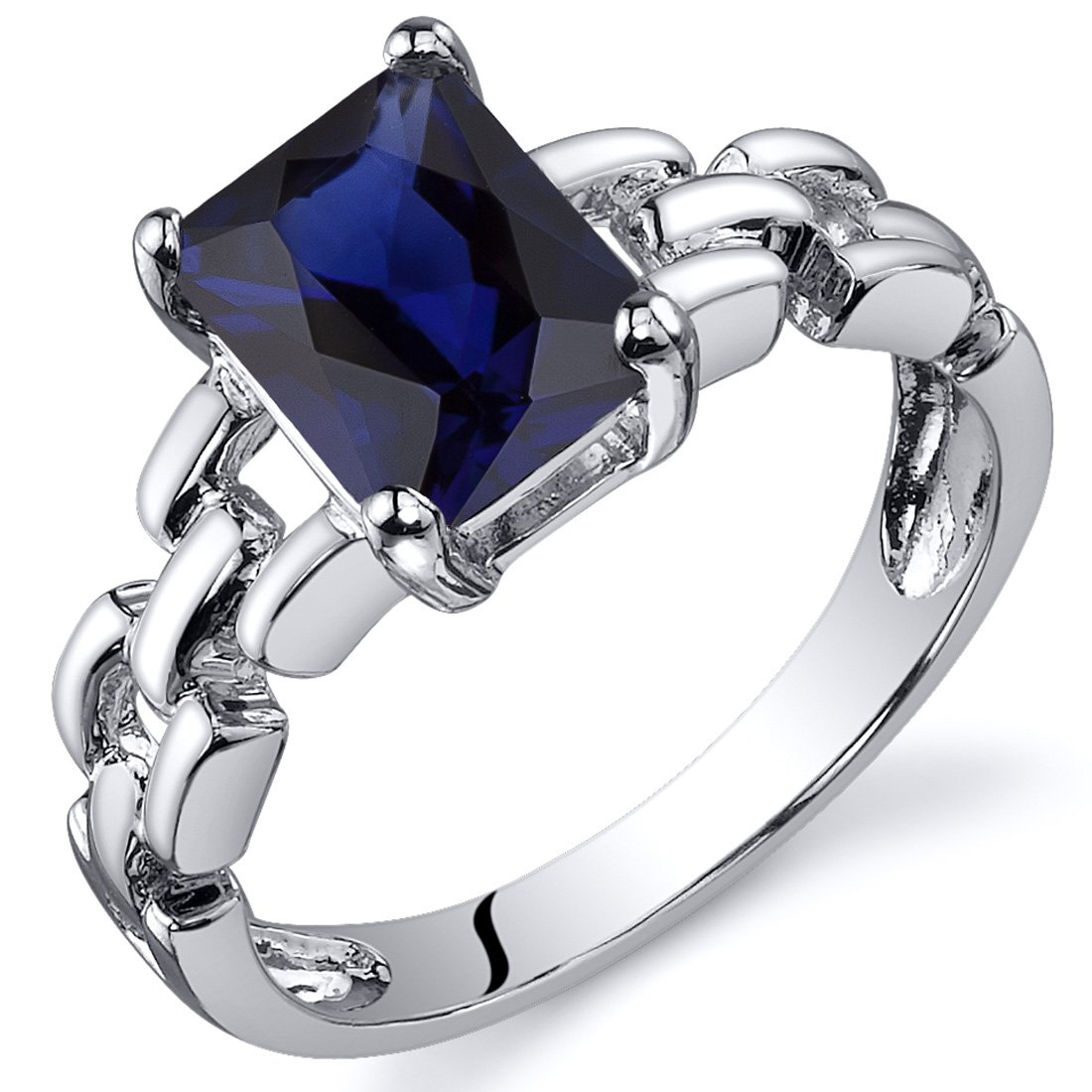 Chain Link Design 2.00 carats Created Blue Sapphire Engagement Ring in Sterling Silver Rhodium Nickel Finish Sizes 5 to 9