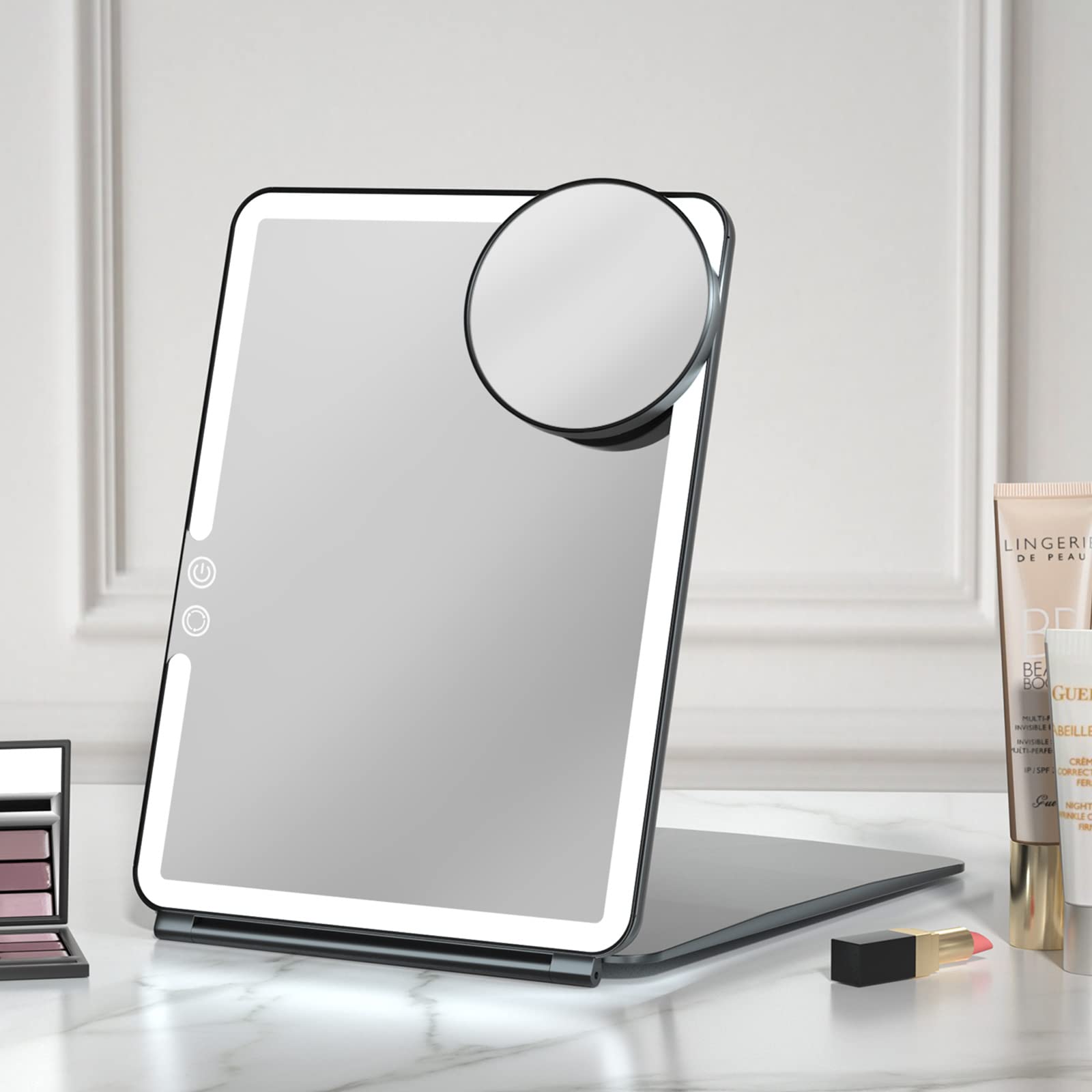 FUNTOUCH 10x7.5 Portable Large Travel Makeup Mirror with Light, 1800mAh Rechargeable Lighted Travel Makeup Mirrors with 3 Color Lights, Dimmable Folding Light Up Make up Mirror with Small 10x Mirror