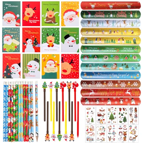 SOETDERT Navidad Lapices y Mini Libreta, 58 Pcs Regalos Niños, Boligrafos Navidad, Pulseras Navidad Tatuaje de Temporales Niños Fiesta para Niños y Niñas Set Papelerías Navideñas