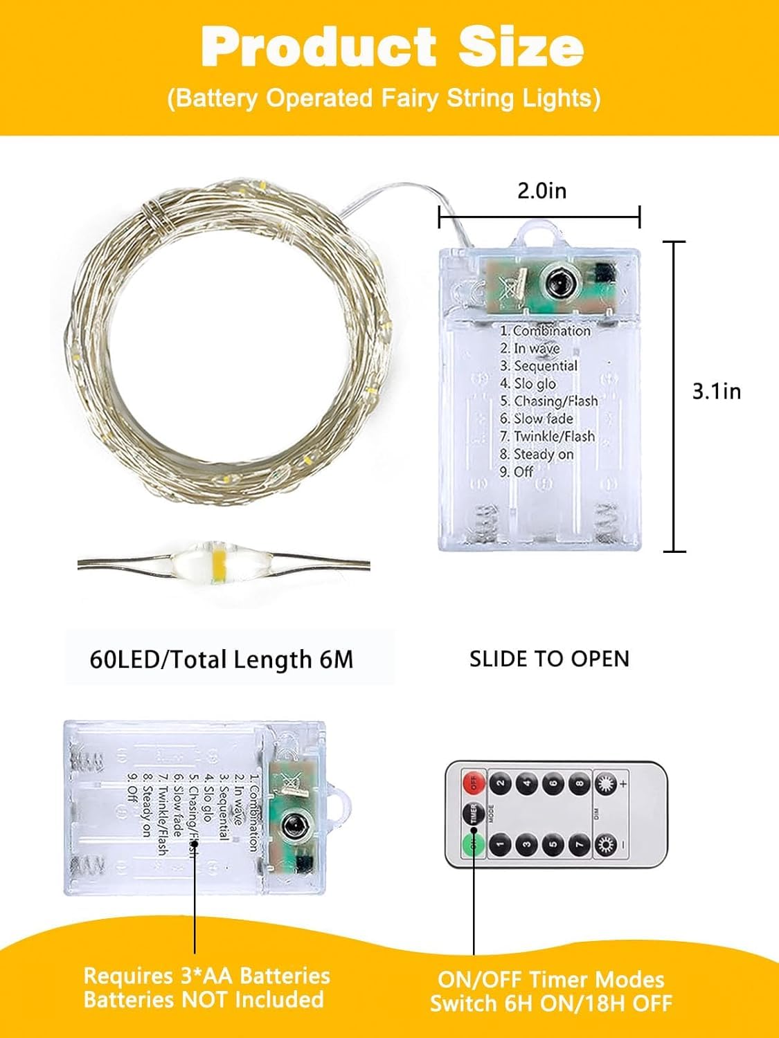 Confezione da 60 luci natalizie a batteria con telecomando, 8 modalità di luci con timer, dimmerabili, funzione memoria, luci scintillanti impermeabili per interni ed esterni (bianco caldo)