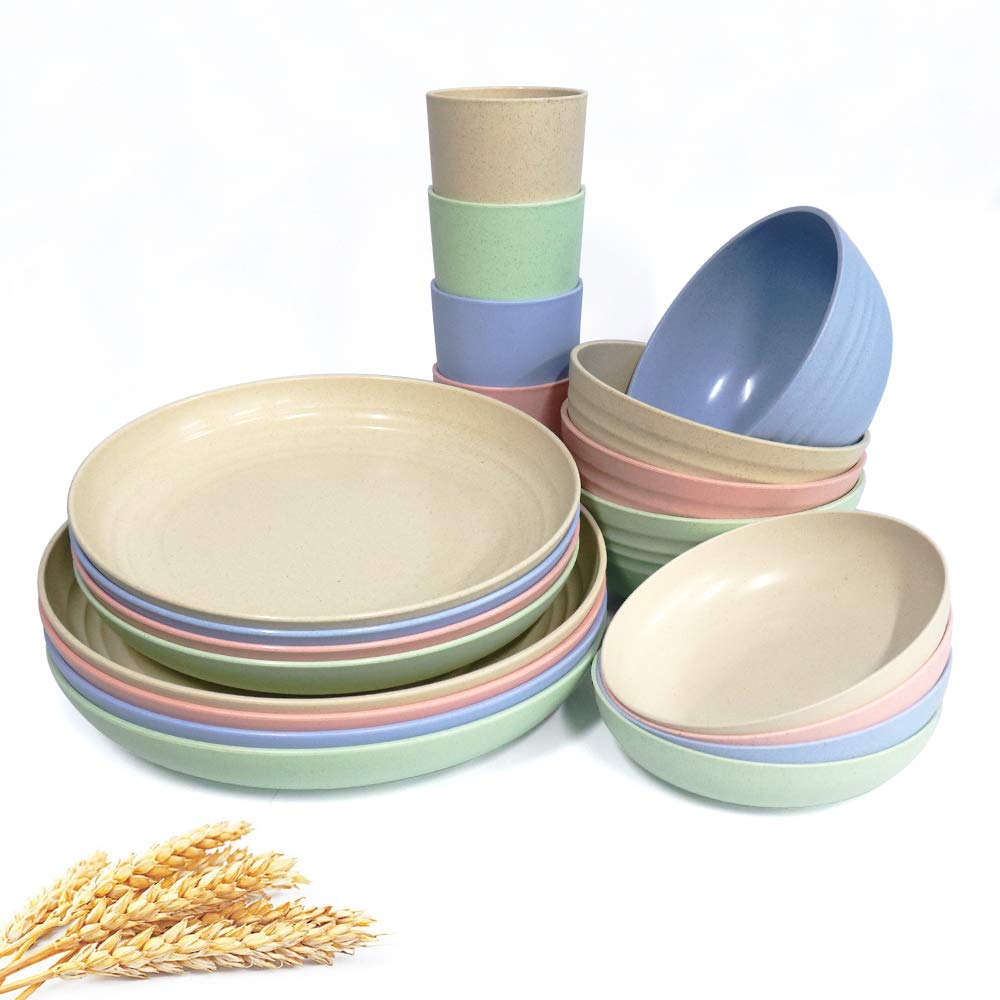 20Pieces Wheat Straw Dinnerware Set, Lightweight Plates Bowls Cups Dishes Set, Unbreakable Tableware Set for Picnic Party BBQ Camping (B2)…
