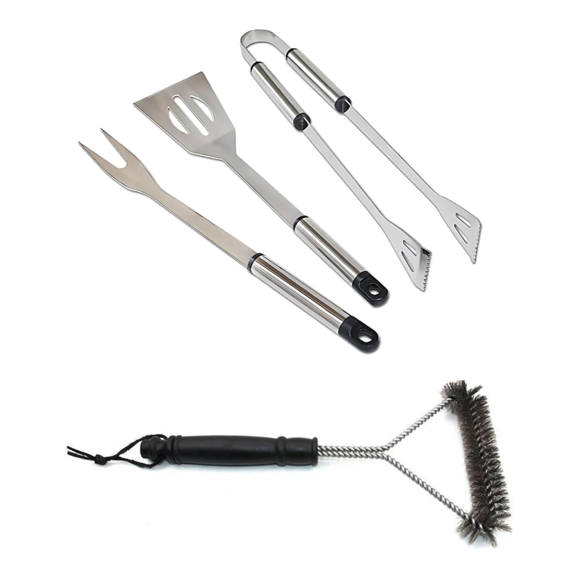 ADEPTNA Premium Stainless Steel 4pcs BBQ Tools Set - Complete with Fork Tongs Turner and BBQ Grill Cleaning Brush - Ideal for BBQ Enthusiasts or in the Kitchen