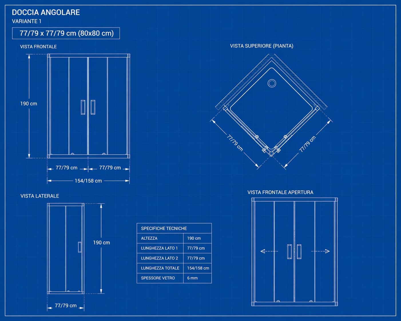 Megistore | Box doccia 6MM Opaco h190 reversibile profili e maniglie in alluminio, doppie rotelle (80x80)