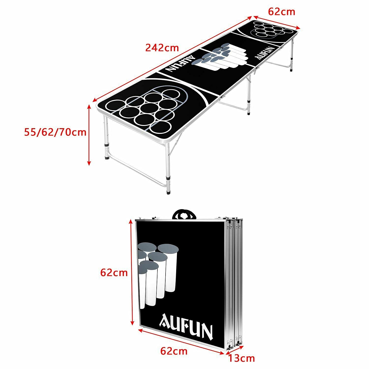 NAIZY Beer Pong Table avec 100 Gobelets et 5 Balles pour les Fêtes Premium Réglable en Hauteur en Aluminium et MDF - 242 x 62CM Noir
