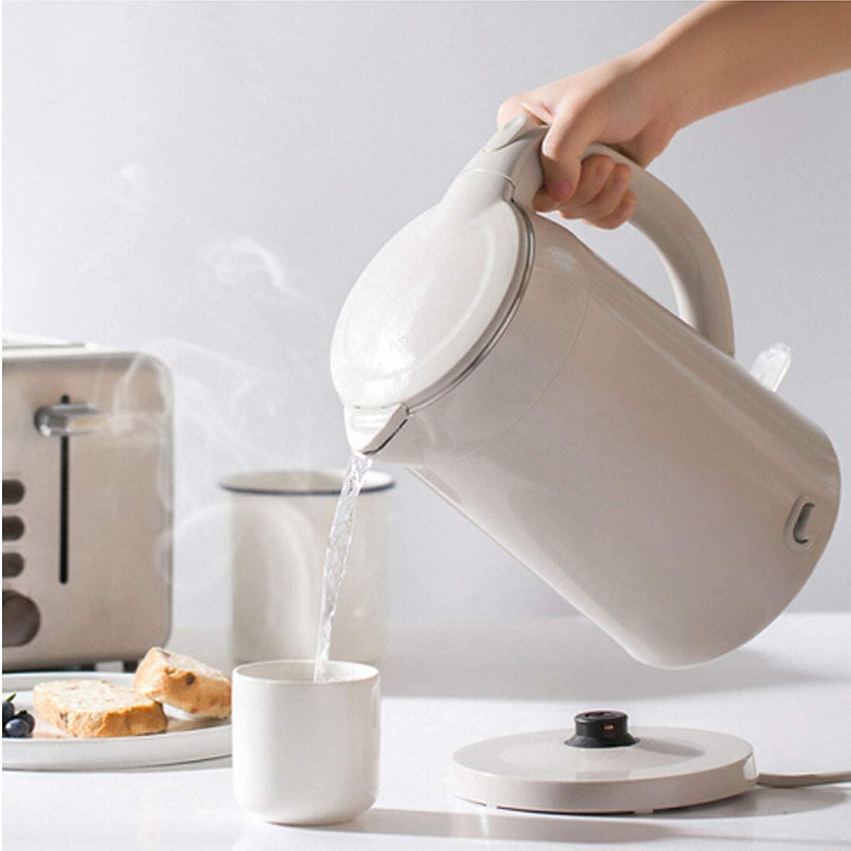 Hervidor eléctrico, Hervidor de agua acero inoxidable doble capa, 1,7 l, color beige, fácil usar, con luz indicadora