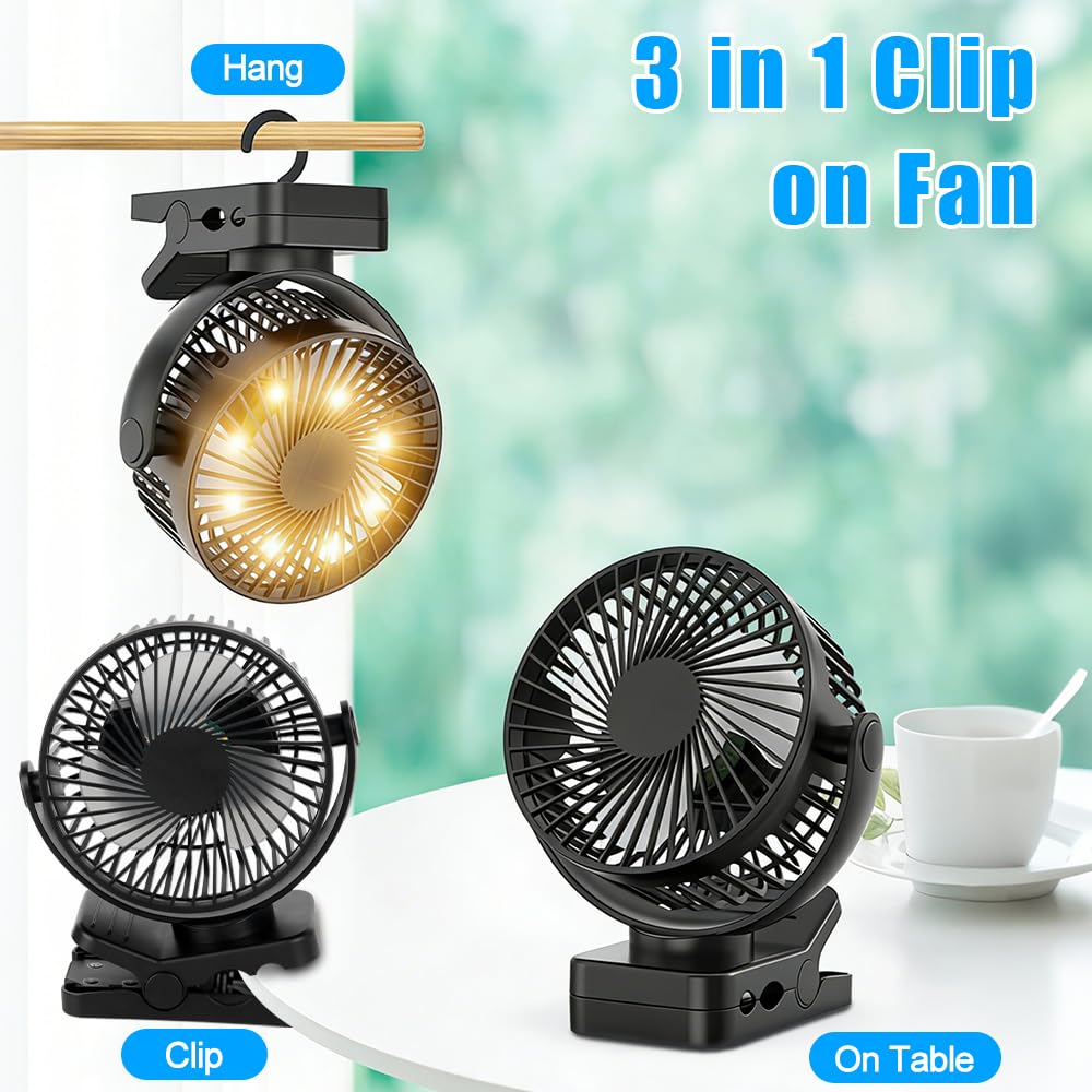 Ventilatore da campeggio, 12000 mAh, mini ventilatore USB, silenzioso, con telecomando e funzione timer, 3 velocità, rotazione a 360°, con luce a LED e ganci, per ufficio, casa, auto, camper