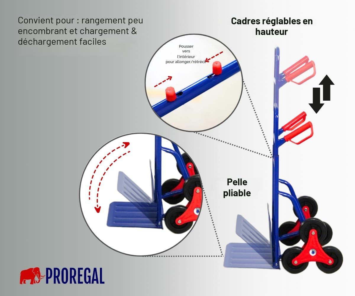 PROREGAL Diable pour escaliers Odin | HxLxP 111x60x43cm | Capacité de Charge 200kg | Pneus en Caoutchouc Dur | Bleu