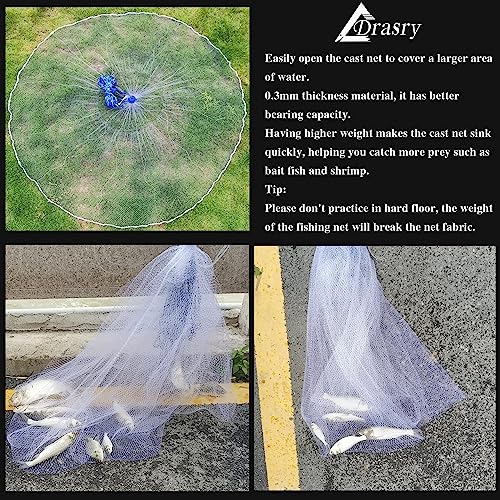 Drasry Saltwater Fishing Cast Net for Bait Trap with Heavy Sinkers Fish Throw Net. Size 3ft/4ft/5ft/6ft/7ft/8ft/9ft Radius Freshwater (Monofilament Lines Cast Net(3/8 Inch Mesh), 8FT(240cm) Radius)