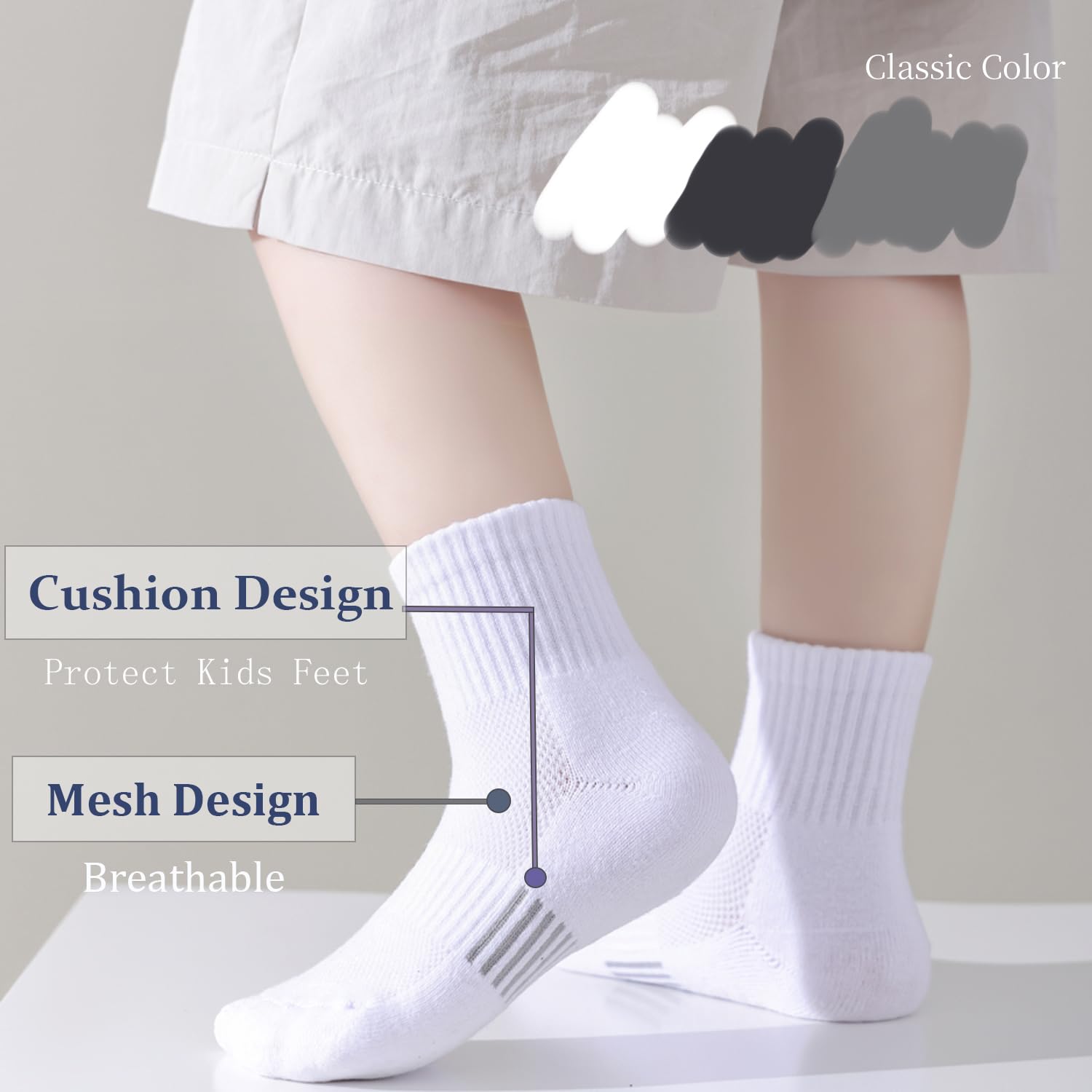 Marchare Kids Athletic Half Cushioned Crew Socks - 7-10 Years Cotton Sport Ankle Socks, White 6 Pairs