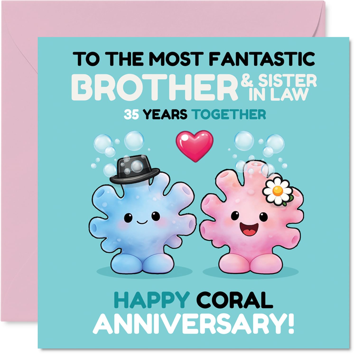 Playful 35th Anniversary Card for Brother & Sister in Law - Brighten Their Milestone - Adorable Coral Couple Celebrating 35 Years - 145mm Square, Envelope Included