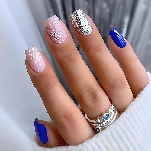 Snowflake Press on Nails Christmas Short Blue Square Fake Nails,