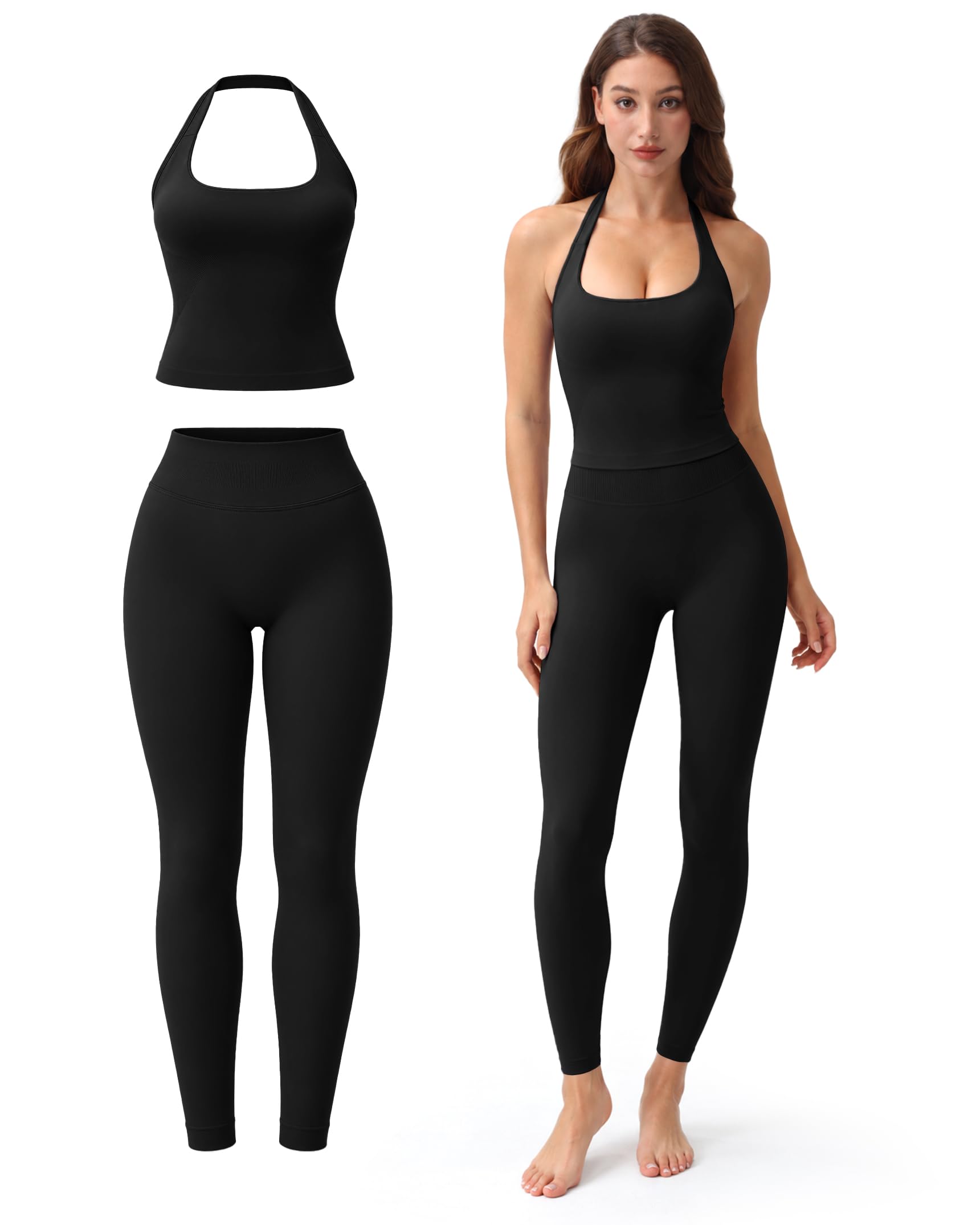 Workout Set for Women, Scoop Neck Top and High Waisted Leggings