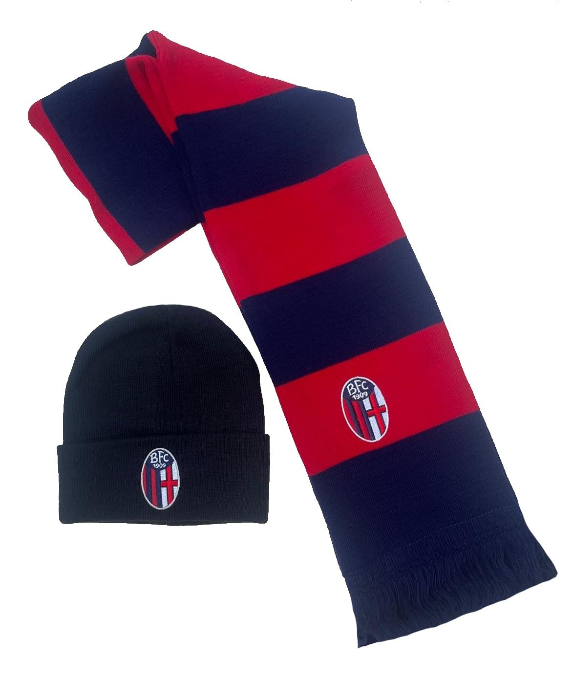 Set Bologna Sciarpa + Cuffia Ufficiale Kit per Tifoso Felsineo Calcio Ricamato Invernale Tubolare Berretto Cappello Cappellino in Acrilico SETBOTFACUFBL