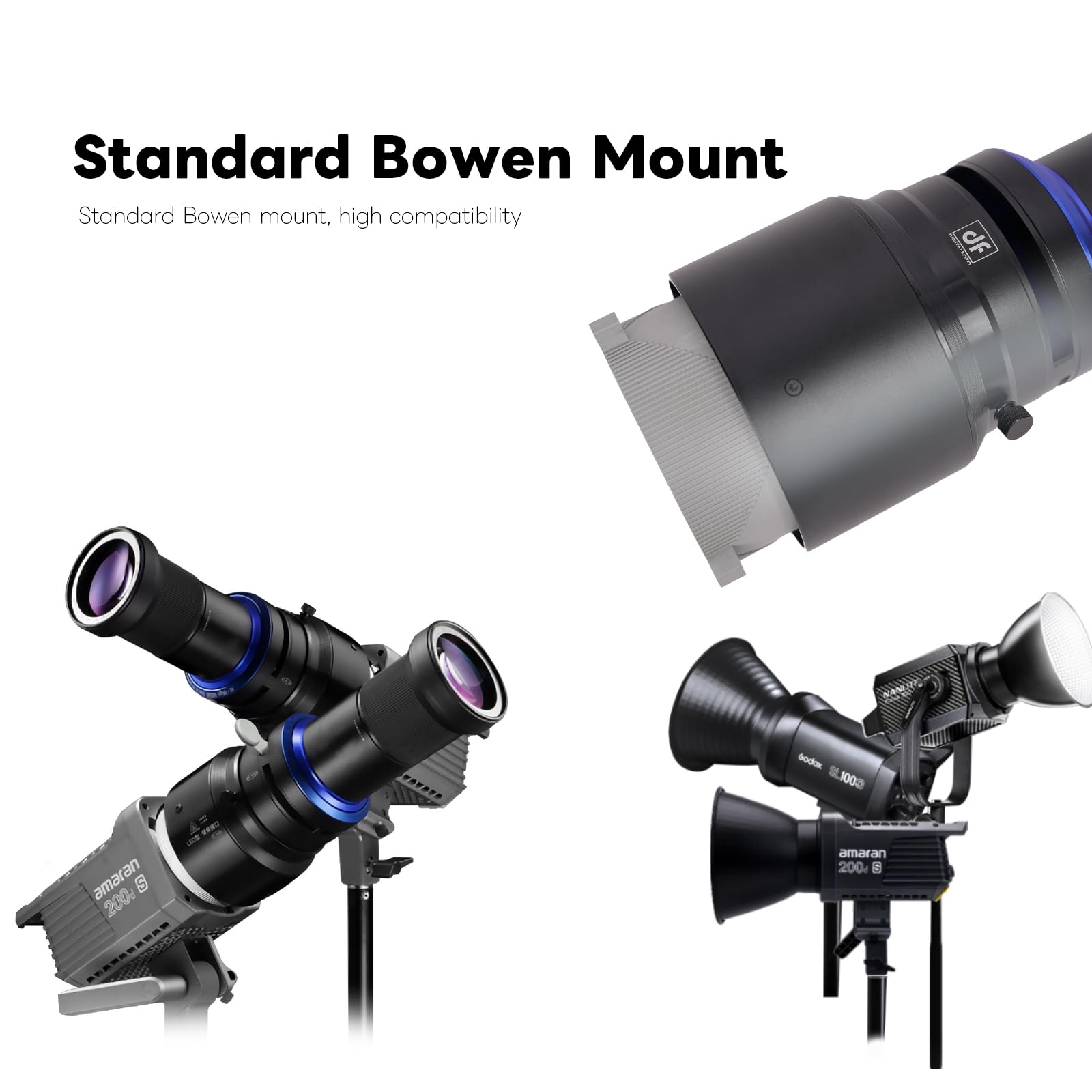 Bowens Mount Optical Snoot Kit per Aputure Amaran 100X/D, 200X/D, 150C, 300C, 600X Pro Ray 660C, Godox SL60 – Proiezione Spotlight con 5 filtri colorati, 30 Gobos & 5 Gobo colore speciale.