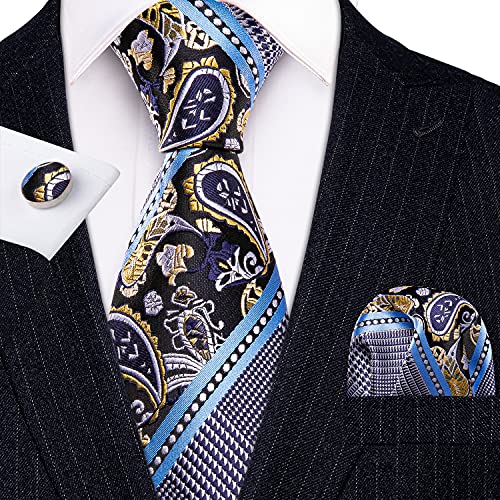 Image of Barry.Wang Mens Tie Set Plaid Check Neckties Formal Business Wedding Luxury Pocket Square Cufflinks