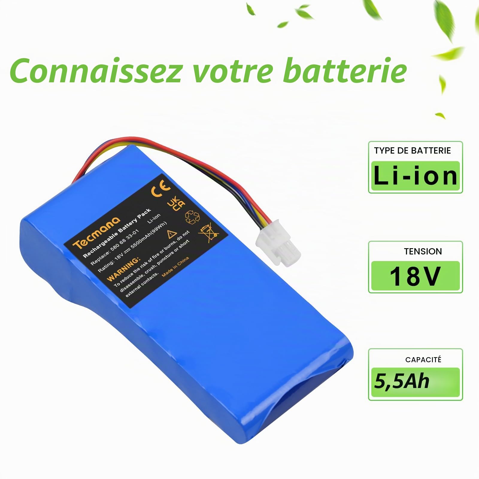 Batterie de rechange 18 V 5500 mAh pour robot tondeuse Husqvarna Automower 320, 330X, 420, 430, 430X, 440, 450X, 520, 550, pour robot tondeuse 580 68 33-01,580 68 33-02