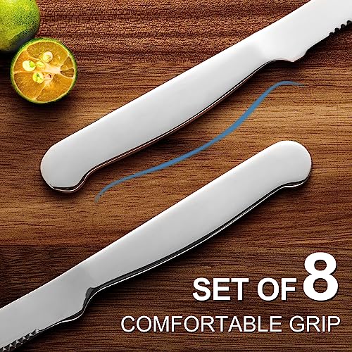 Steak Knives Set of 8, Eisinly Sharp Serrated Knife Set with Sturdy Full Stainless Steel Handle for Kitchen Restaurant Party, 9.5 Inches, Silver - Image 5