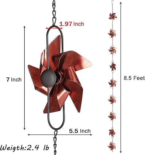 Aifeorzo Cadena de lluvia de 8.5 pies, cadenas de lluvia de molinete de metal para canalones, bajantes de canalones, cadena de canalón de lluvia