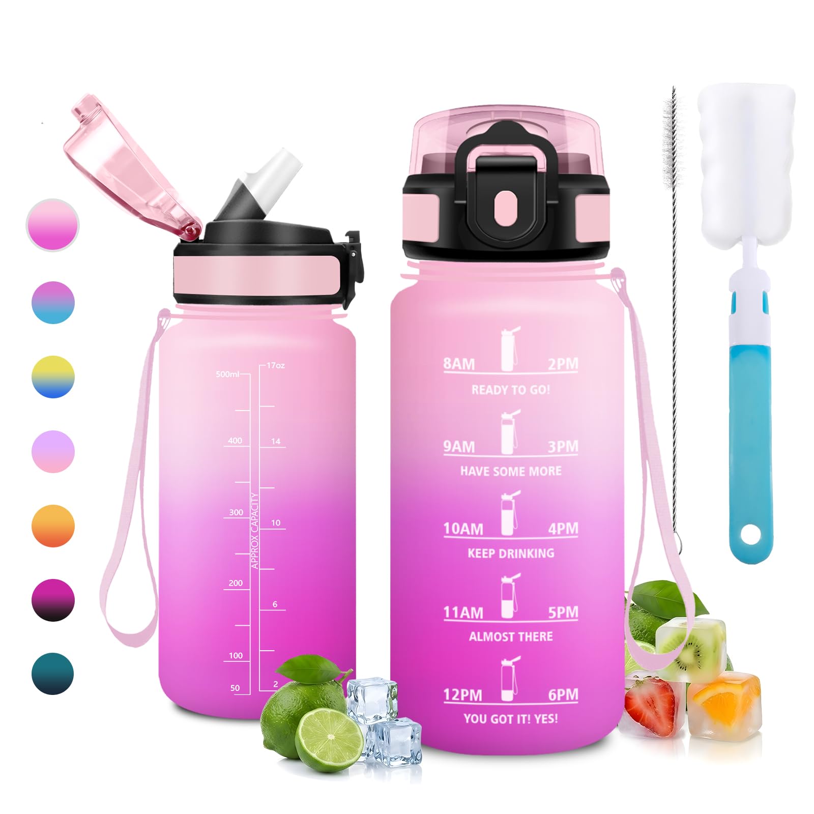 JAPORIA 500ml Water Bottle with Straw BPA Free Leak Proof Water Bottle with Time Markers Water Bottles for School, Outdoor, Camping