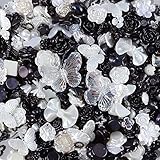 250PCS 3D Flatback Resin Beads Black White Resin Flower Bows Butterfly Beads with Flatback Pearls Round Pearl Beads for Jewelry Bracelet Making, 3D Flatback Resin Charms Beads for Crafts DIY Making