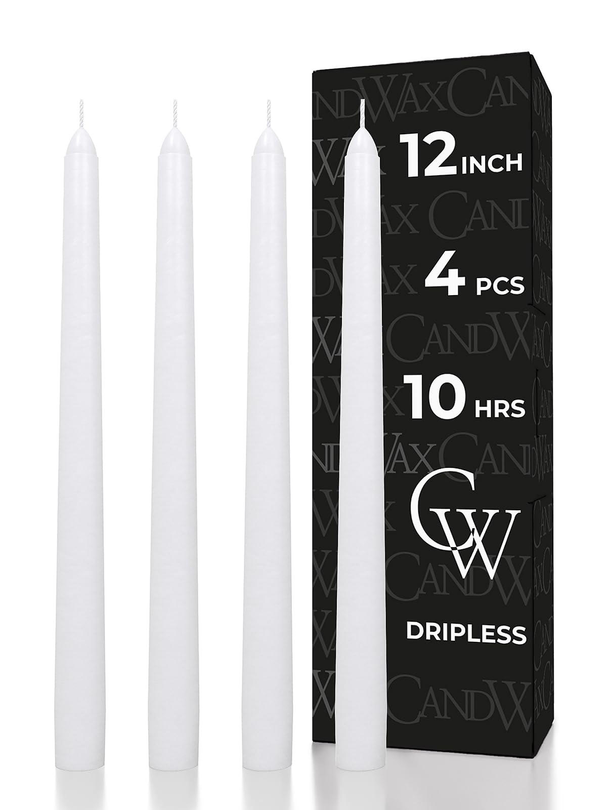 CANDWAX 12 inch White Taper Candles - Set of 4 Tapered White Candle Sticks Ideal for Christmas Decor - Unscented Dripless Smokeless Long Burning Tall Candles - Christmas Candlesticks for Home Decor