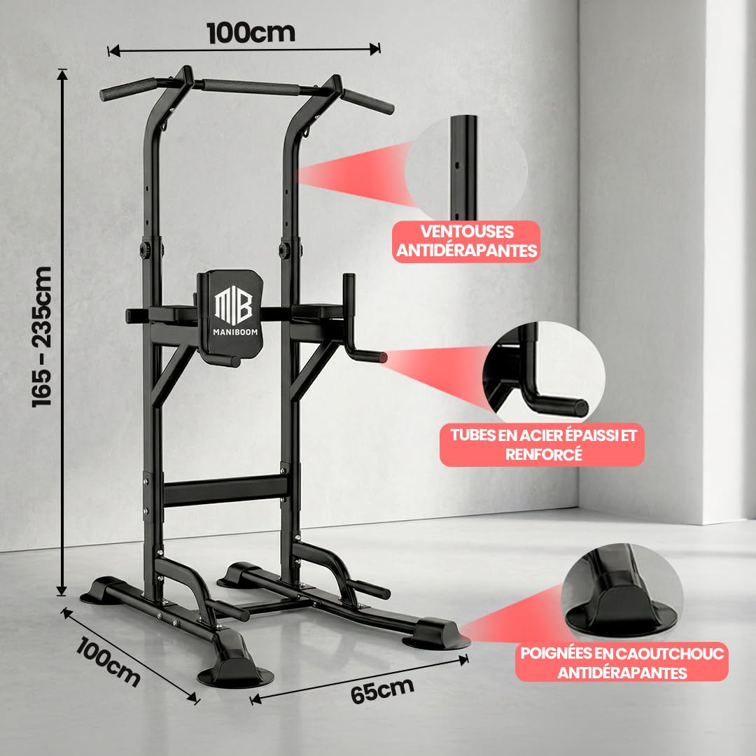 ManiBoom Station Traction "ROC SOLIDE" 220KG - Rack Traction Réglable (165-235cm) avec Base Anti-Bascule Élargie - Tour de Traction Musculation pour Dips et Abdos