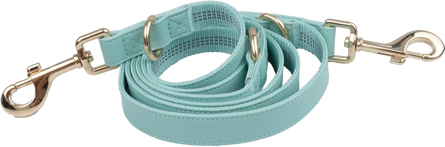 Leather Dog Collar and Leash Set 7FT Reflective at Night - Soft and Easy to Clean Vegan Leather with Gold Metal Buckle for Small Medium Large Dogs (S, Sea Green)