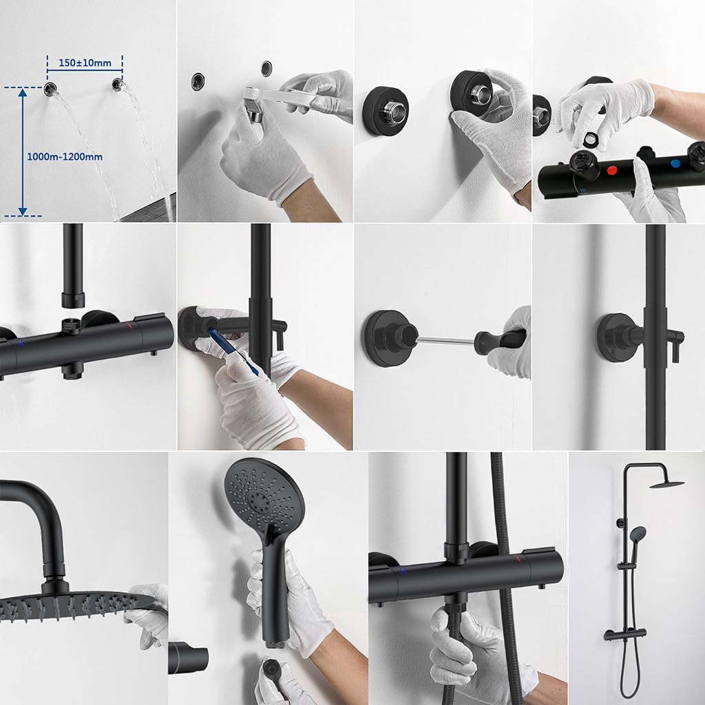 Colonna Doccia, AICA ITALY, Miscelatore Doccia Idromassaggio Termostatico, Gruppo Doccia Completo di Soffione Acciaio Inox da 20cm e Doccetta a 3 Getti, Asta Doccia Regolabile 73-117cm, Nero