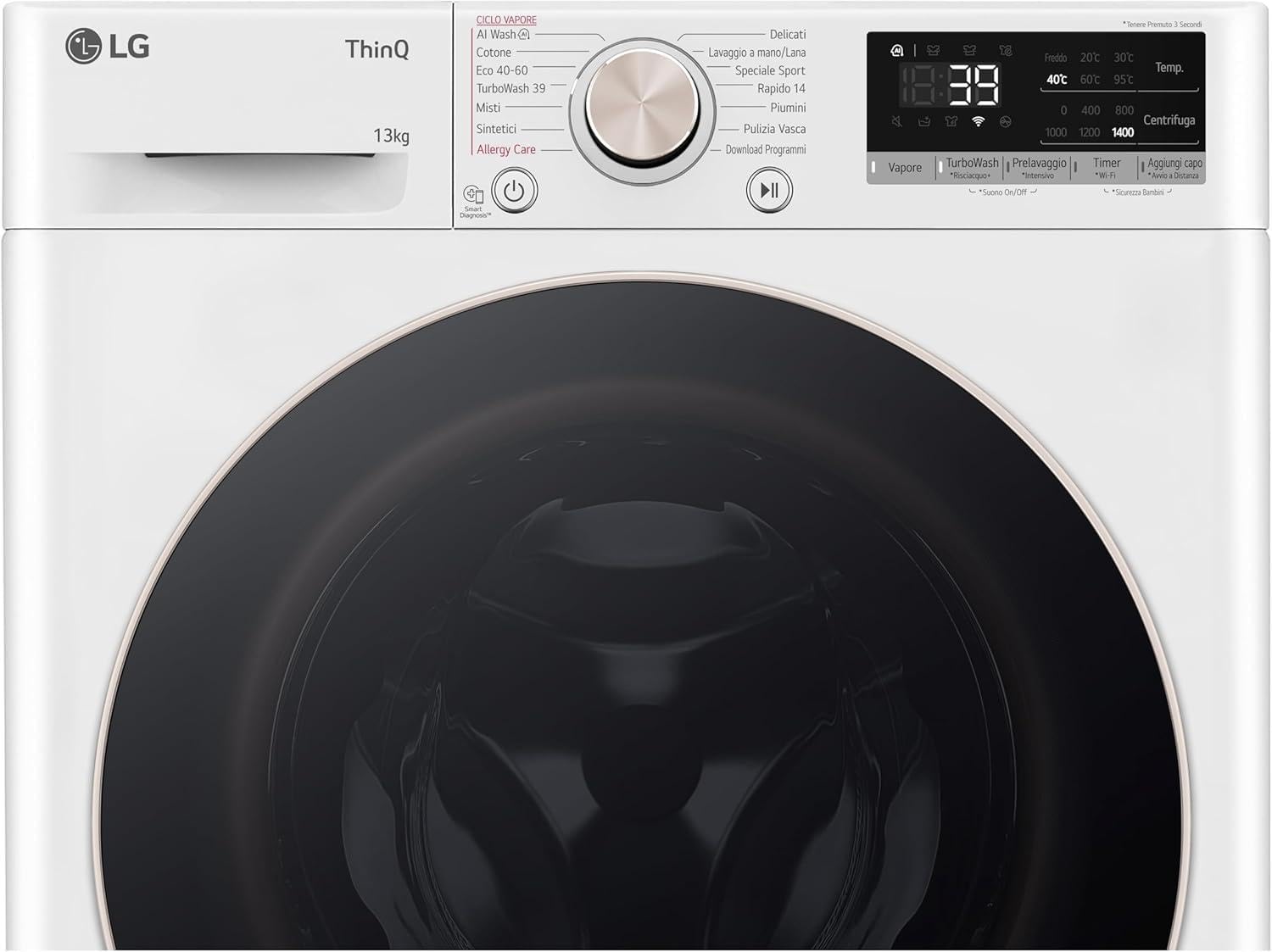 LG AI DD F4R7013TSWG Lavatrice 13kg, a Carica Frontale, Serie R7, Lavatrice Classe A -20%, 1400 giri, TurboWash 360, Vapore su 7 Programmi, Wi-Fi, Inverter Direct Drive, Libera installazione, Bianco