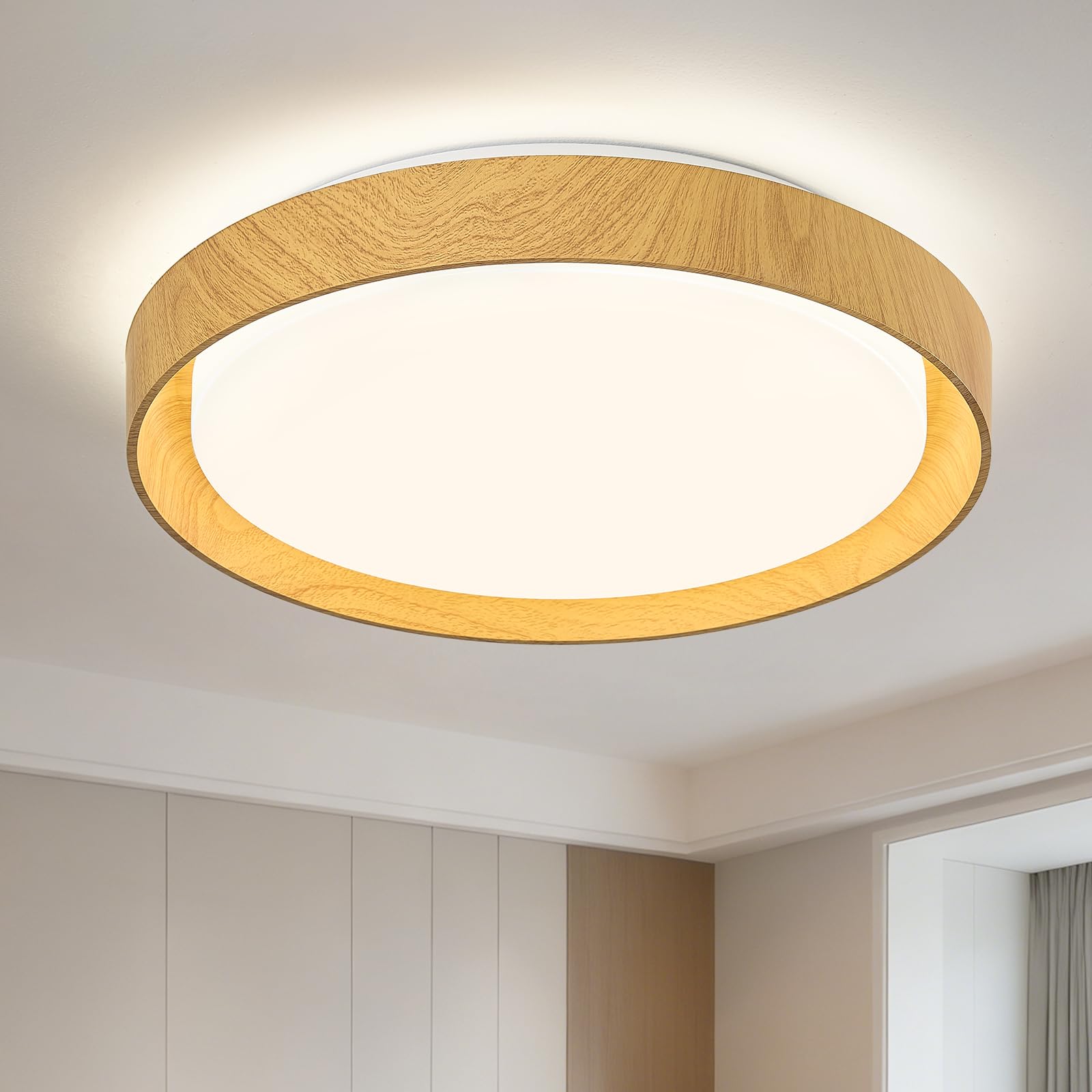 Qamra Plafón LED de Techo, Lámpara de Techo Redondo de 41 cm, Lámpara de Techo Metálica Moderna con Acabado de Madera para Sala de Estar, Cocina, Comedor, Dormitorio, Pasillo, Lavadero, 4000K, 36W