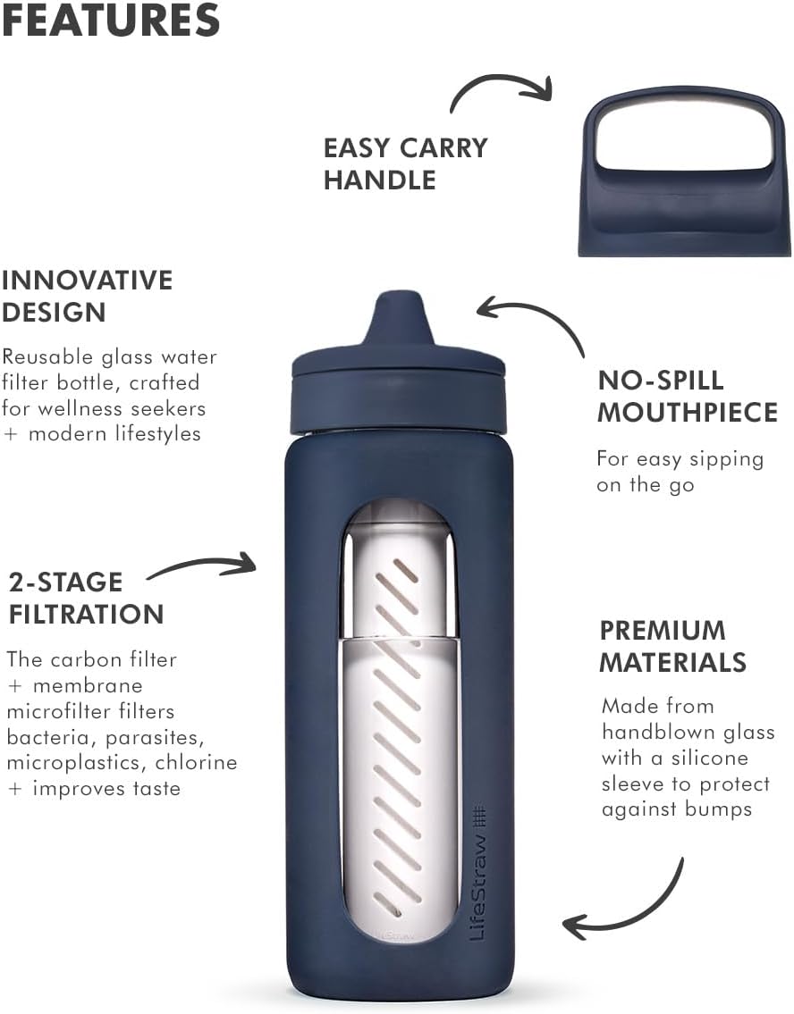 LifeStraw Go Series – Glass Water Filter Bottle Made from Hand-Blown Glass with Silicone Sleeve for Hydration at Home or on-the-go, Aegean Sea, 20oz