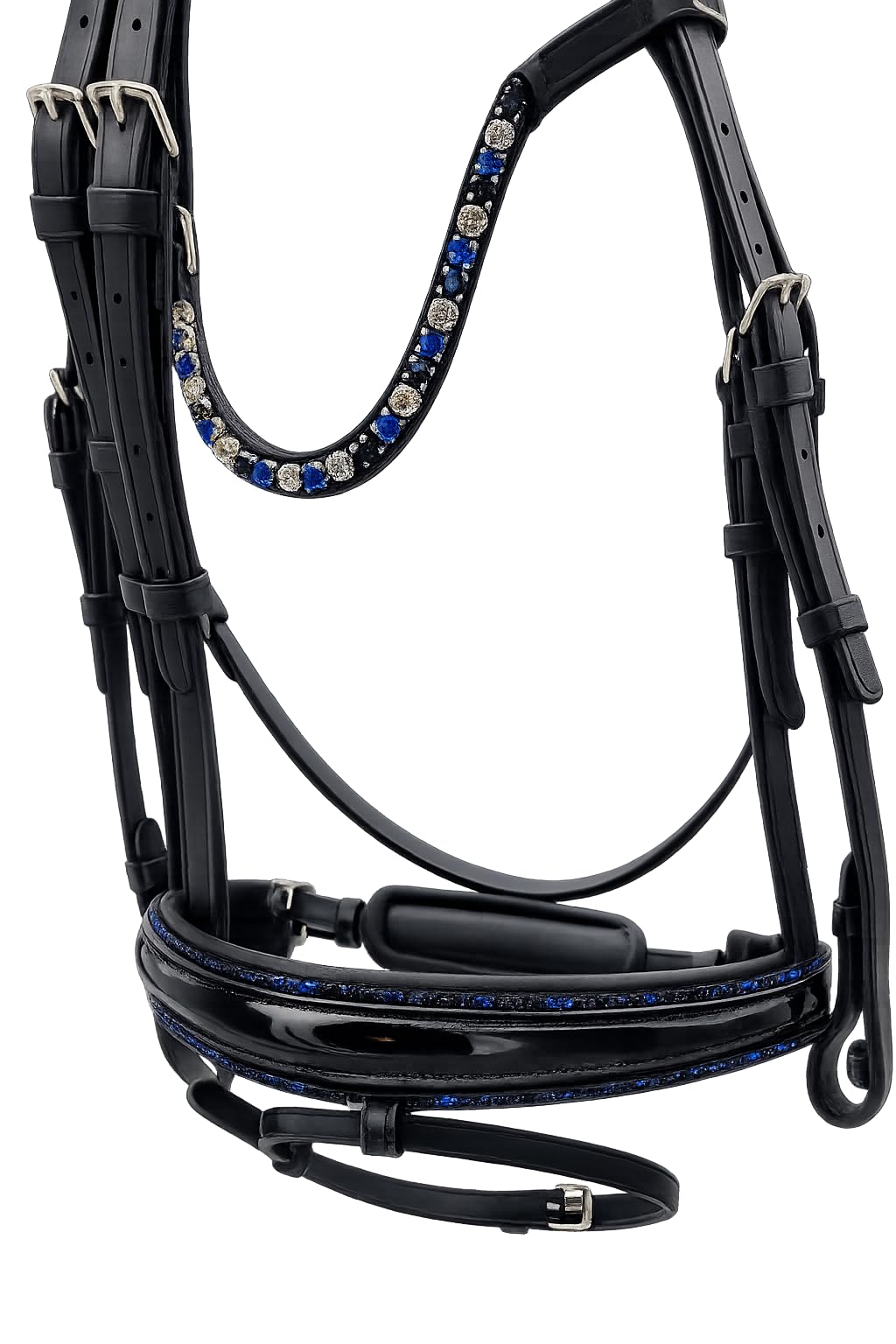 Blue Trense ergonomisch Lack Glitzer auch auf Nasenriemen incl. Zügel Schwarz weiches Leder VB WB X Full Tysons (WB)