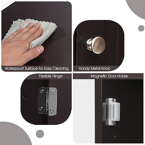 Miniatura 9 de HAPPYGRILL Armario de piso de baño, organizador de armario de almacenamiento de piso de una sola puerta con cajón y estantes ajustables de 3