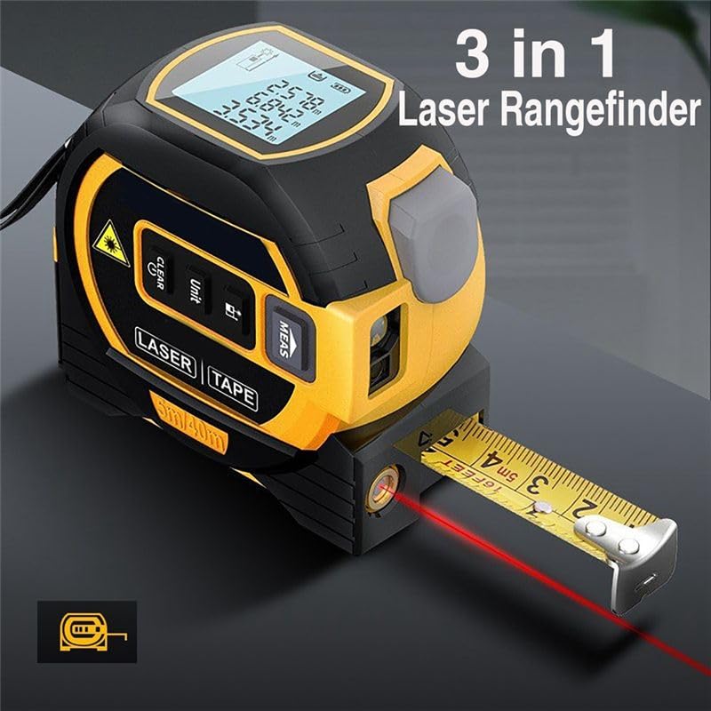Pantalla LCD 3 en 1, 60 m, medidor de distancia láser digital, telémetro, buscador de mano, cinta métrica de 5 m
