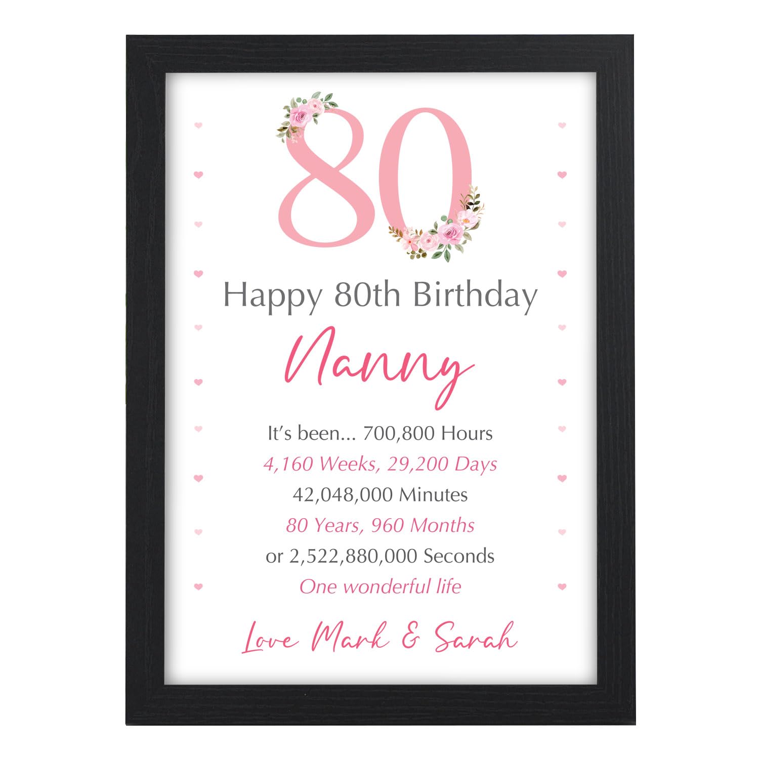 Beecreative Personalised 80th Birthday Gifts for Women, 80th Birthday Mum Grandma Nan Friend, 50th 60th 70th 90th 100th Birthday Options, A5 A4 Prints Wooden Frames