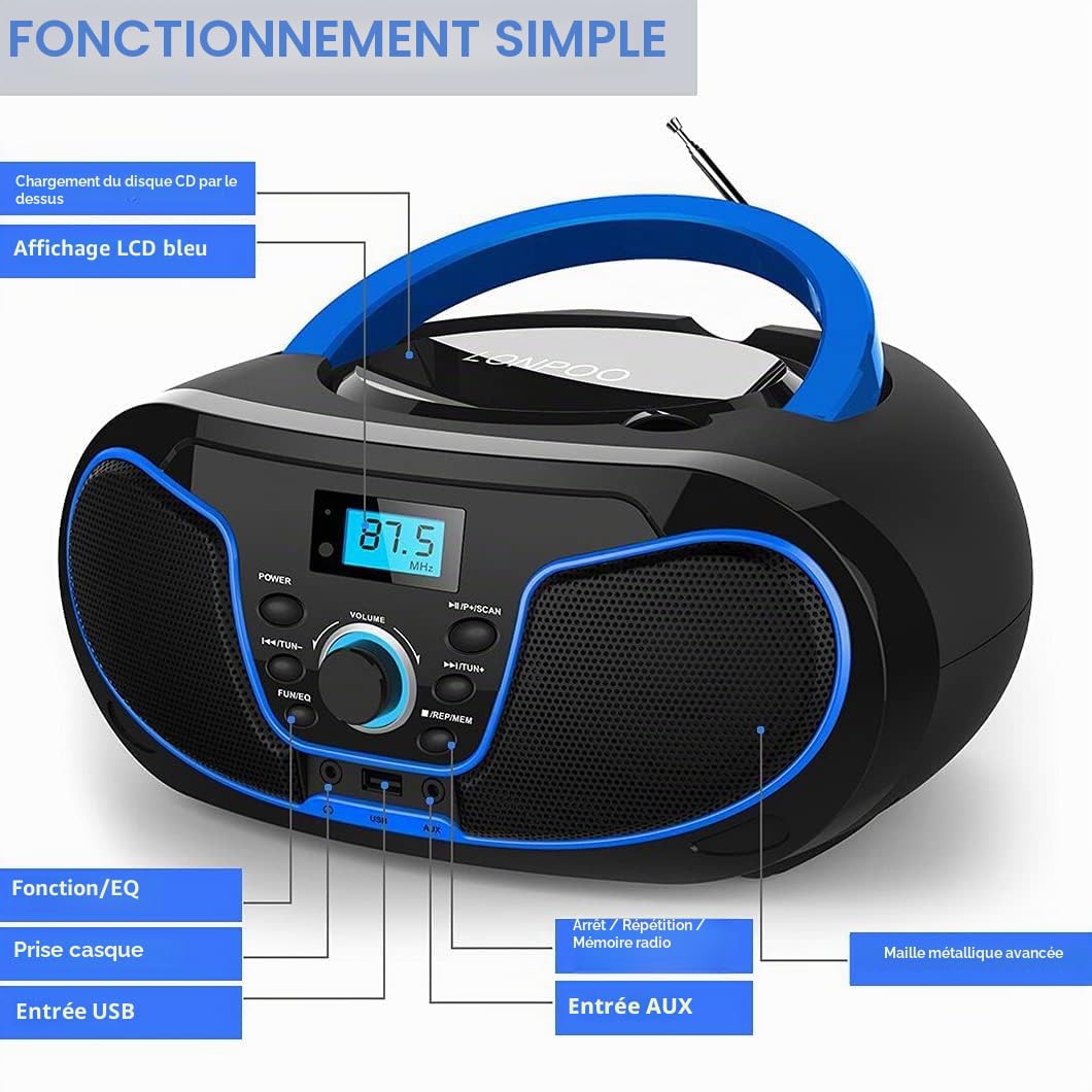 Lecteur CD avec Bluetooth, LP-D02 Radio FM Portable Stéréo avec Son Cristallin, Lecture MP3, Entrée USB et AUX, Prise Casque, Ecran LCD