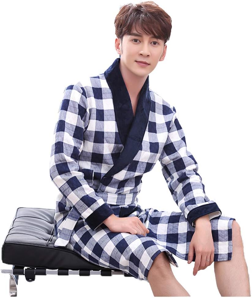 YYZKYTO Pajamas Men's Nightshirts Sleepwear Long-Sleeved Winter Sandwich Nightgown Warm and Comfortable Plus Size Bathrobe Dad Homewear,2-3XL